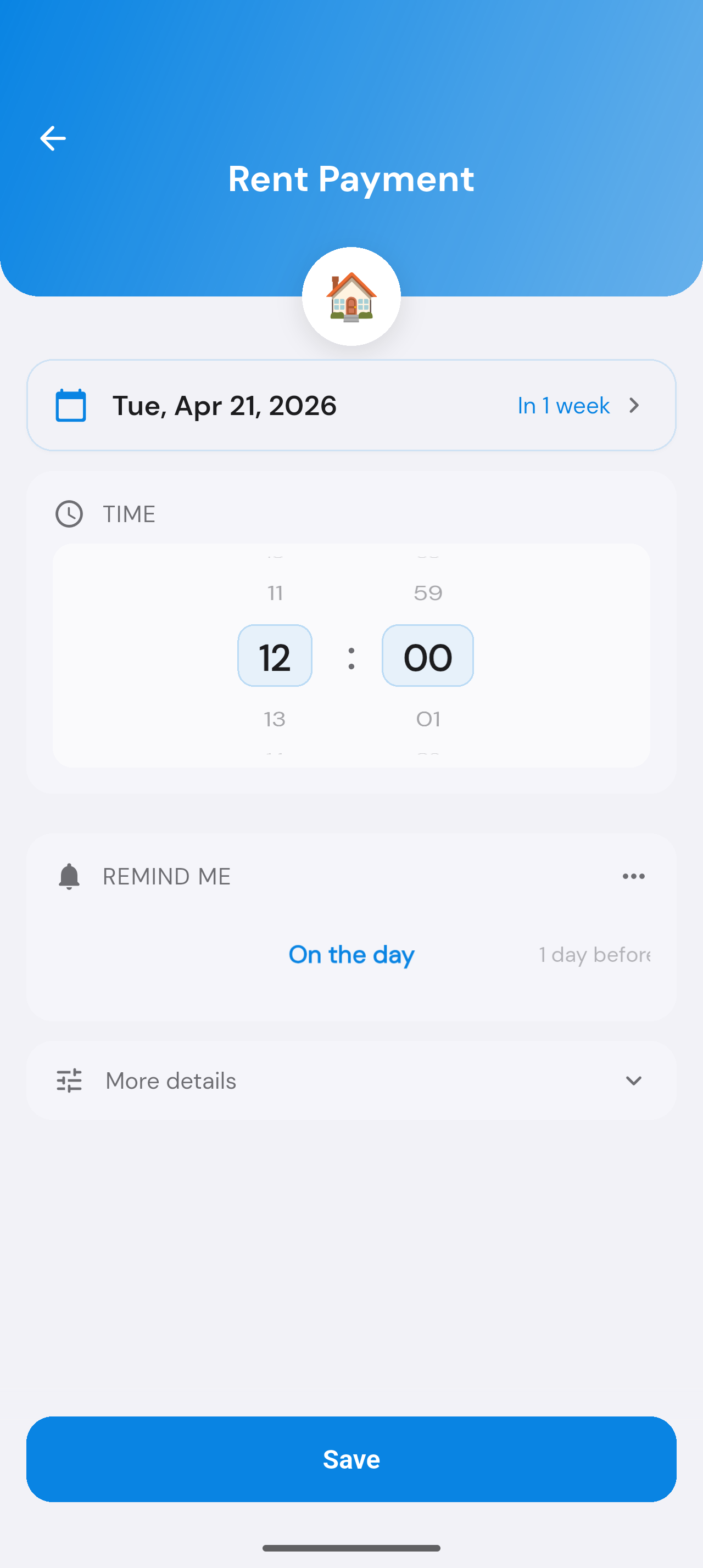 ReMinder tétel hozzáadás képernyő