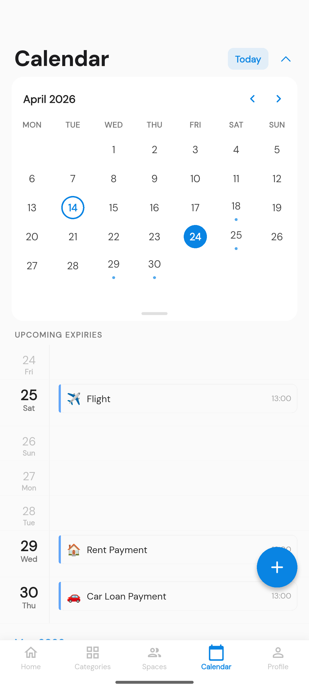 ReMinder naptár képernyő