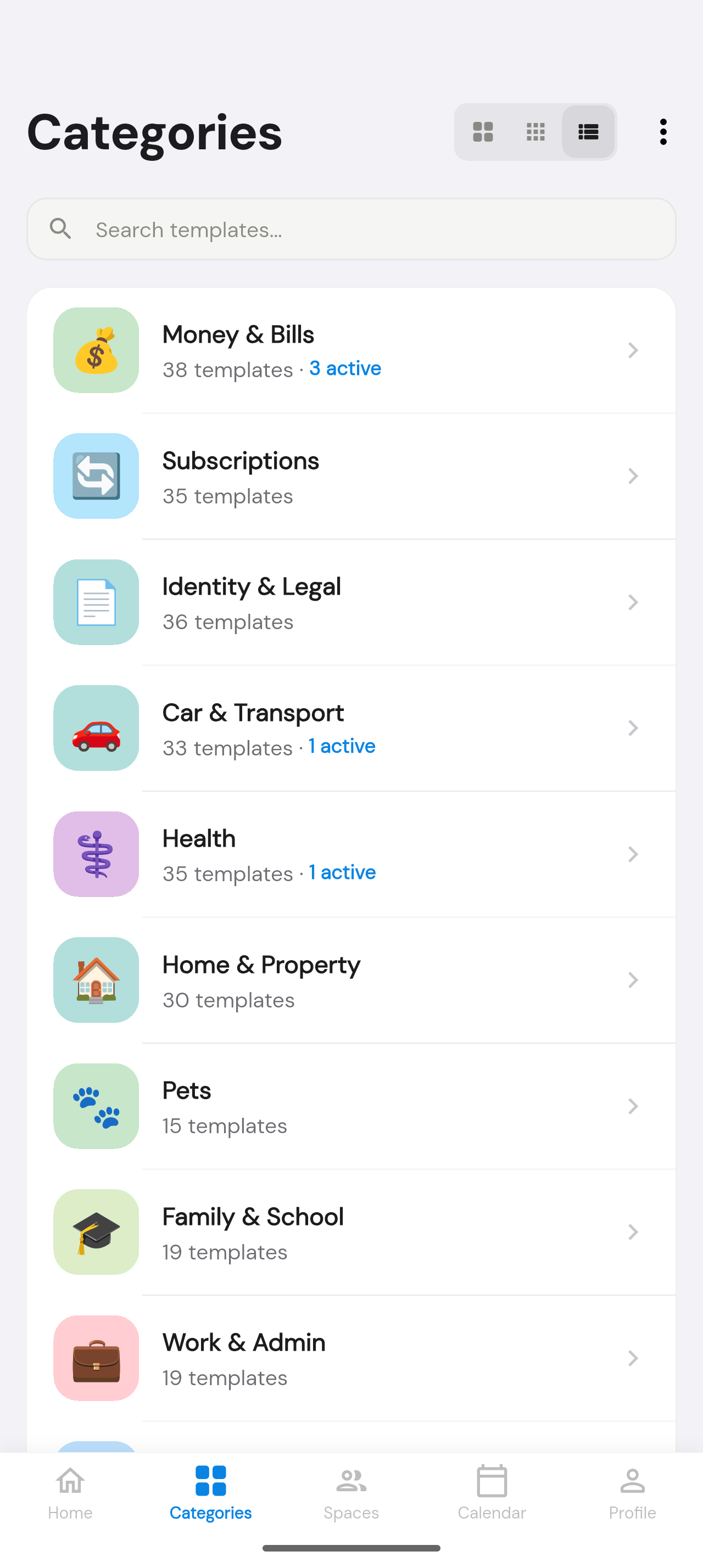 ReMinder kategóriák képernyő