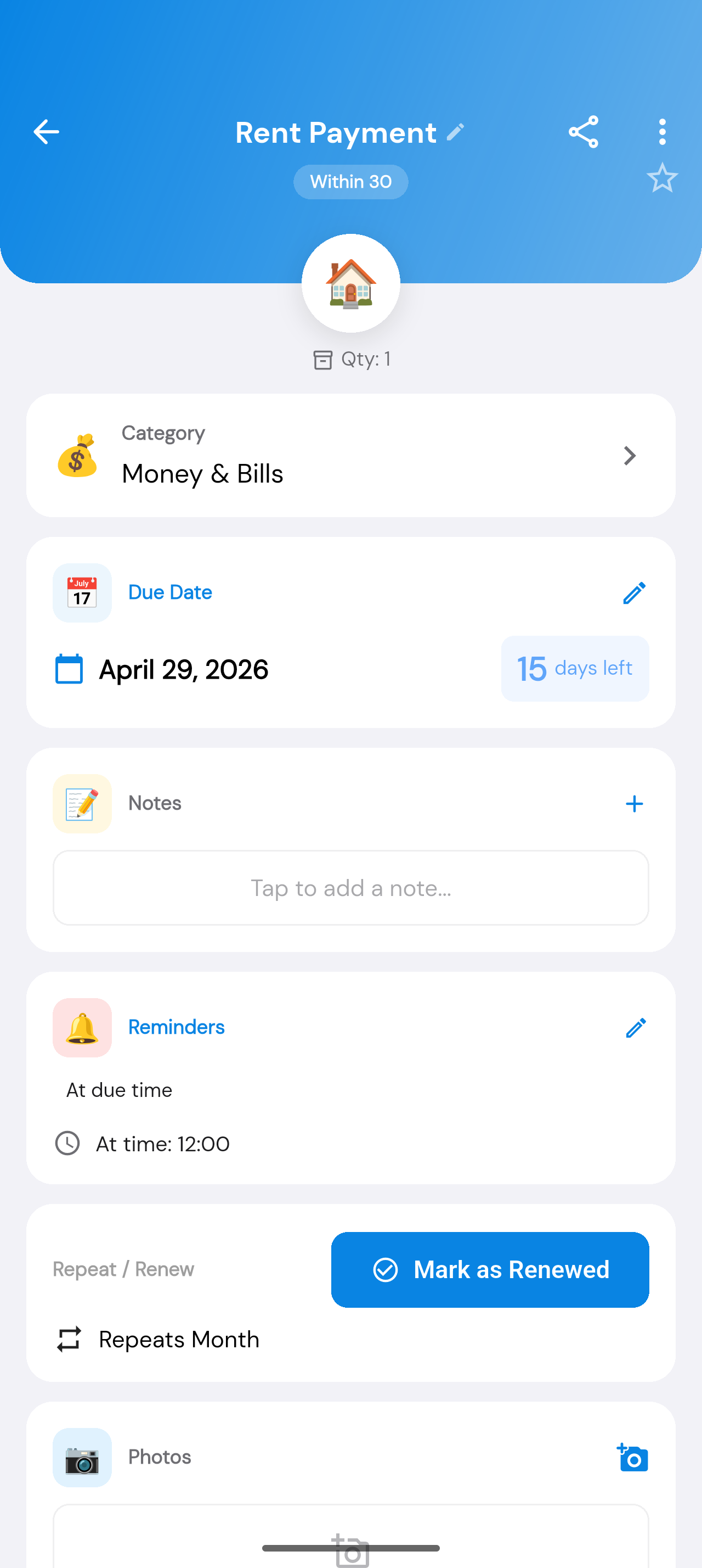 ReMinder tétel részletek képernyő