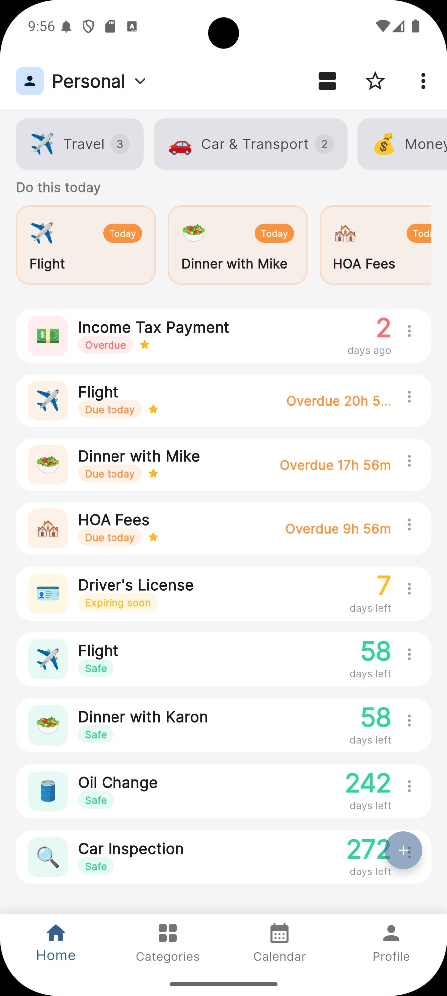 ReMinder lista kezdőképernyő